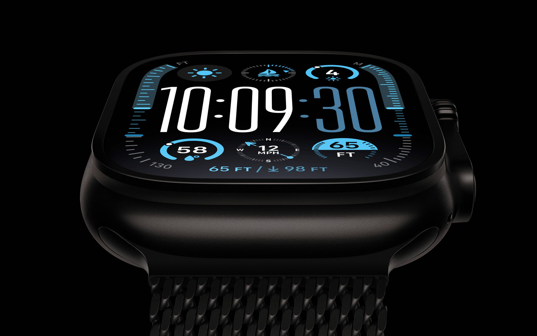 Black Apple Watch Ultra 2 with a blue watch face